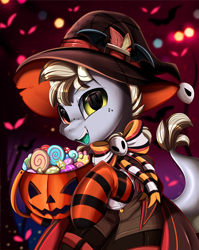 Size: 2550x3209 | Tagged: safe, artist:pridark, part of a set, oc, oc only, pony, bucket, candy, clothes, commission, costume, food, halloween, hat, high res, holiday, jack-o-lantern, open mouth, part of a series, pumpkin, pumpkin bucket, socks, solo, striped socks, witch hat, ych result
