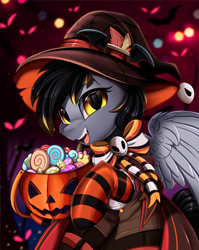Size: 2550x3209 | Tagged: safe, artist:pridark, part of a set, oc, oc only, pegasus, pony, bucket, candy, clothes, commission, costume, food, halloween, hat, high res, holiday, jack-o-lantern, open mouth, part of a series, pegasus oc, pumpkin, pumpkin bucket, socks, solo, striped socks, witch hat, ych result