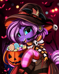 Size: 2550x3209 | Tagged: safe, artist:pridark, part of a set, oc, oc only, oc:lillybit, pony, bucket, candy, clothes, commission, costume, food, halloween, hat, high res, holiday, jack-o-lantern, open mouth, part of a series, pumpkin, pumpkin bucket, socks, solo, striped socks, witch hat, ych result