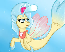 Size: 1280x1024 | Tagged: safe, artist:anastasiaplisetskaya, princess skystar, sea pony, seapony (g4), g4, my little pony: the movie, blue background, blue eyes, blue mane, bubble, dorsal fin, eyelashes, female, fin wings, fins, fish tail, flower, flower in hair, flowing tail, freckles, glowing, jewelry, looking up, necklace, ocean, pearl necklace, ponytober, signature, simple background, smiling, solo, swimming, tail, underwater, water, wings