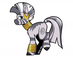 Size: 1634x1283 | Tagged: safe, artist:lrusu, zecora, pony, zebra, g4, bracelet, ear fluff, ear piercing, earring, female, jewelry, mare, neck rings, piercing, quadrupedal, signature, simple background, smiling, solo, white background