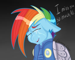 Size: 1280x1024 | Tagged: safe, artist:anastasiaplisetskaya, rainbow dash, pegasus, pony, g4, alternate timeline, amputee, apocalypse dash, artificial wings, augmented, crying, crystal war timeline, cute, dashabetes, female, gradient background, implied applejack, implied death, ponytober, prosthetic limb, prosthetic wing, prosthetics, sad, sadorable, solo, sweet dreams fuel, torn ear, wings