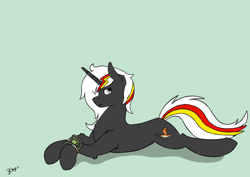 Size: 1280x906 | Tagged: safe, artist:hrabiadeblacksky, oc, oc only, oc:velvet remedy, pony, unicorn, fallout equestria, female, full body, horn, looking at you, lying down, mare, pipbuck, prone, signature, simple background, smiling, smiling at you, solo, tail, unicorn oc