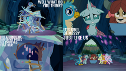 Size: 1280x720 | Tagged: safe, edit, edited screencap, editor:quoterific, screencap, gallus, ocellus, sandbar, silverstream, smolder, yona, changeling, dragon, earth pony, griffon, hippogriff, pony, yak, g4, season 9, uprooted, eyes closed, female, hug, male, open mouth, smiling, stallion, student six