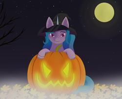 Size: 4906x3956 | Tagged: safe, artist:drakang, izzy moonbow, pony, unicorn, g5, my little pony: a new generation, female, halloween, hat, holiday, jack-o-lantern, pumpkin, solo, witch hat