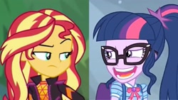 Size: 2289x1288 | Tagged: safe, sci-twi, sunset shimmer, twilight sparkle, human, equestria girls, equestria girls specials, g4, my little pony equestria girls: better together, my little pony equestria girls: sunset's backstage pass, star crossed, faic, geode of telekinesis, laughing, magical geodes