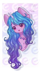 Size: 1114x1968 | Tagged: safe, artist:maxie yuu, artist:pinkiepinkaponk, izzy moonbow, pony, unicorn, g5, my little pony: a new generation, abstract background, bust, chest fluff, collaboration, female, solo