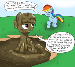 Size: 2000x1800 | Tagged: safe, artist:amateur-draw, rainbow dash, windy whistles, pegasus, pony, g4, covered in mud, cringing, embarrassed, female, mare, misspelling, mother, mother and child, mother and daughter, mud, mud bath, mud play, mud pony, muddy, wet and messy