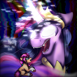 Size: 1440x1439 | Tagged: safe, artist:bluemoon, sunny starscout, twilight sparkle, alicorn, earth pony, pony, g5, my little pony: a new generation, the last problem, spoiler:g5, spoiler:my little pony: a new generation, .exe, angry, crown, duo, duo female, error, evil twilight, fangs, female, glitch, glowing, glowing eyes, jewelry, looking at each other, magic, mare, older, older twilight, older twilight sparkle (alicorn), peytral, princess twilight 2.0, regalia, sunny and her heroine, that magic was not yours to give, twilight sparkle (alicorn)