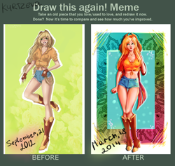 Size: 784x744 | Tagged: safe, artist:minamikoboyasy, applejack, human, g4, abstract background, boots, breasts, busty applejack, clothes, comparison, daisy dukes, draw this again, female, front knot midriff, humanized, midriff, redraw, shoes, shorts, solo