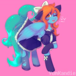 Size: 2048x2048 | Tagged: safe, artist:yumkandie, oc, oc only, oc:sarah, pegasus, pony, ;p, bow, clothes, female, fishnet stockings, hair bow, high res, maid, one eye closed, simple background, socks, solo, tongue out, wink