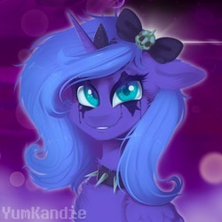 Size: 3500x3500 | Tagged: safe, artist:yumkandie, princess luna, alicorn, pony, g4, abstract background, bow, bust, collar, female, hair bow, high res, makeup, s1 luna, solo, spiked collar