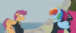 Size: 3766x1642 | Tagged: safe, artist:crimmharmony, rainbow dash, scootaloo, pegasus, pony, fanfic:rainbow factory, g4, chest fluff, clothes, crossover, duo, faceoff, fanfic art, female, floppy ears, high res, lidded eyes, looking at each other, mare, outdoors, pink guard (squid game), profile, squid game, subtitles, wings