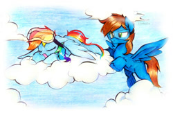 Size: 1108x721 | Tagged: safe, artist:liaaqila, rainbow dash, oc, oc:blue scroll, pegasus, pony, g4, cloud, goggles, safety goggles, sleeping, snoring, traditional art