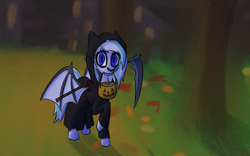 Size: 2782x1732 | Tagged: safe, artist:sufficient, oc, oc only, oc:snowcap, bat pony, autumn, autumn leaves, candy, clothes, costume, food, grim reaper, halloween, halloween costume, holiday, leaf, leaves, night, nightmare night, scythe