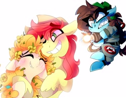 Size: 3600x2800 | Tagged: safe, artist:nekosnicker, bright mac, pear butter, oc, oc:neko, earth pony, pony, g4, ghostbusters, high res, proton pack, sharp teeth, teeth