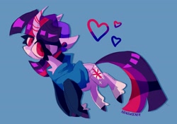 Size: 3552x2500 | Tagged: safe, artist:nekosnicker, twilight sparkle, alicorn, pony, g4, bisexual pride flag, blue background, clothes, coat markings, curved horn, ear piercing, earring, heart, high res, hoodie, horn, jewelry, piercing, pride, pride flag, simple background, socks (coat markings), solo, twilight sparkle (alicorn), unshorn fetlocks