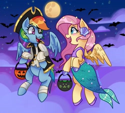 Size: 3200x2900 | Tagged: safe, artist:doomsdaydarling, fluttershy, rainbow dash, bat, mermaid, pegasus, pony, g4, clothes, cloud, costume, cute, dashabetes, duo, eyepatch, fake moustache, fish tail, hat, high res, mermaid tail, moon, night, nightmare night, nightmare night costume, pirate, pirate hat, pumpkin bucket, shyabetes, tail