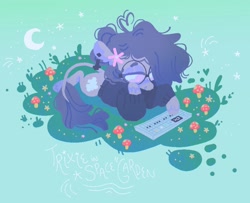Size: 1688x1371 | Tagged: safe, artist:astroeden, oc, oc only, oc:vylet, pony, unicorn, clothes, ear piercing, earring, female, flower, flower in hair, glasses, grass, jewelry, leonine tail, lidded eyes, lying down, mare, mushroom, musical instrument, piercing, solo, sweater, synthesizer, tail, unshorn fetlocks