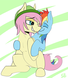 Size: 1437x1632 | Tagged: safe, artist:sefastpone, fluttershy, rainbow dash, pegasus, pony, g4, abstract background, beanie, butterscotch, digital art, eyebrows, eyebrows visible through hair, eyes closed, featureless crotch, female to male, gay, grin, hat, hug, lidded eyes, looking back, male, maledom, malesub, one eye closed, pecs, rainbow blitz, rule 63, ship:butterblitz, ship:flutterdash, shipping, smiling, stallion, stallion on stallion, submissive