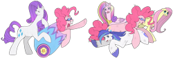 Size: 1825x614 | Tagged: safe, artist:cruxisma, fluttershy, pinkie pie, princess cadance, rarity, shining armor, alicorn, earth pony, pegasus, pony, unicorn, g4, cutie mark, eyelashes, female, goggles, horn, male, mare, open mouth, party cannon, peytral, pony cannonball, simple background, smiling, stallion, tail, tiny head, transparent background, unshorn fetlocks, wings