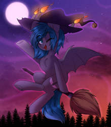 Size: 1280x1462 | Tagged: safe, artist:cloud-fly, oc, oc only, oc:midnight dagger, bat pony, pony, broom, candle, female, flying, flying broomstick, forest, hat, mare, moon, night, one eye closed, sky, solo, stars, witch hat