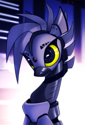 Size: 2994x4374 | Tagged: safe, artist:fenixdust, oc, oc only, oc:random access, pony, robot, robot pony, eyes open, female, looking at something, mare, slender, solo, thin, three quarter view