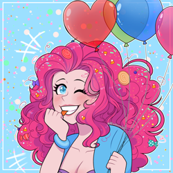 Size: 2048x2048 | Tagged: safe, artist:aliceshionotaku, pinkie pie, equestria girls, g4, ;p, balloon, biting, blushing, breasts, cleavage, female, grin, high res, one eye closed, smiling, solo, tongue bite, tongue out, wink