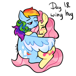 Size: 2048x2048 | Tagged: safe, artist:carconutty, fluttershy, rainbow dash, pegasus, pony, g4, blushing, colored wings, cuddling, duo, eyes closed, female, folded wings, happy, high res, hug, lesbian, looking at someone, mare, one eye closed, one wing out, ponytober, ship:flutterdash, shipping, simple background, sitting, smiling, two toned wings, white background, winghug, wings
