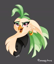 Size: 1750x2048 | Tagged: safe, artist:sneepydraws, captain celaeno, parrot pirates, g4, my little pony: the movie, beauty mark, bust, ear piercing, earring, female, gray background, jewelry, lidded eyes, piercing, pirate, portrait, signature, simple background, smiling, solo, storm king's messenger outfit