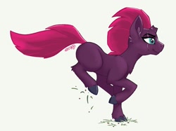 Size: 1823x1364 | Tagged: safe, artist:sneepydraws, fizzlepop berrytwist, tempest shadow, pony, unicorn, adult blank flank, blank flank, blank flank tempest, broken horn, colored hooves, eye scar, eyebrows, female, galloping, happy, horn, mare, missing cutie mark, profile, scar, signature, simple background, smiling, solo, unshorn fetlocks, white background