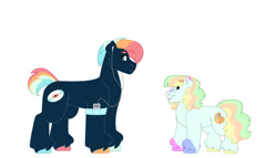 Size: 1280x732 | Tagged: safe, artist:itstechtock, oc, oc only, oc:citrus fizz, oc:neon bop, earth pony, pony, female, filly, magical threesome spawn, male, offspring, parent:coconut cream, parent:lightning flare, parent:toola roola, simple background, stallion, white background