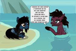 Size: 2871x1928 | Tagged: safe, artist:lightningbolt, derpibooru exclusive, earth pony, pony, seapony (g4), undead, zombie, zombie pony, g4, .svg available, bags under eyes, beach, bloodshot eyes, bone, bring me the horizon, clothes, colored pupils, colored sclera, drop dead clothing, duo, duo male, facial hair, fangs, fins, jewelry, jordan fish, lidded eyes, long sleeves, male, mlp fim's eleventh anniversary, necklace, ocean, oliver sykes, open mouth, ponified, scar, show accurate, sky, smiling, speech bubble, stallion, stitches, svg, tattoo, teaching, vector, water, wet