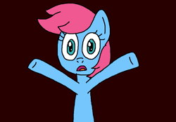 Size: 893x622 | Tagged: safe, artist:brobbol, baby cuddles, pony, fanfic:the scary master, g1, g4, aaaaaaahhhhh, baby, baby pony, falling, female, filly, g1 to g4, generation leap, hands in the air, jumpscare, open mouth, red background, screaming, simple background, solo, surprise tales, this will end in property damage