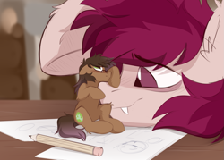 Size: 1731x1239 | Tagged: safe, artist:crimmharmony, oc, oc only, oc:be sharp, oc:crimm harmony, bat pony, earth pony, pony, bat pony oc, drawing, duo, fangs, glasses, male, micro, paper, pencil, rule 63, size difference, table