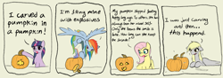 Size: 5100x1800 | Tagged: safe, artist:manicpanda, derpy hooves, fluttershy, rainbow dash, twilight sparkle, pegasus, pony, unicorn, g4, 4 panel comic, banach-tarski paradox, comic, derpy being derpy, dialogue, duplication, explosives, featured image, female, flying, halloween, holiday, hoof hold, horn, i just don't know what went wrong, jack-o-lantern, looking at you, mare, math, math in the comments, multicolored hair, multicolored mane, multicolored tail, no catchlights, open mouth, pink mane, pumpkin, rainbow hair, rainbow tail, shaking, simple background, spread wings, tail, tan background, text, this will end in explosions, topology, unicorn twilight, wat, wings, xkcd, yellow mane