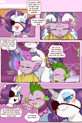 Size: 960x1440 | Tagged: safe, artist:cold-blooded-twilight, rarity, spike, twilight sparkle, dragon, pony, unicorn, cold blooded twilight, comic:cold storm, g4, blushing, both cutie marks, brushing, carousel boutique, comic, dialogue, eyepatch, eyeshadow, magic, makeup, smiling, speech bubble, unicorn twilight, wide hips