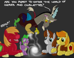 Size: 1080x840 | Tagged: safe, artist:hoofclid, big macintosh, braeburn, discord, spike, oc, oc:hoofclid, draconequus, dragon, pony, g4, :o, black background, dungeons and dragons, eeyup, fangs, gray background, horn, magic, male, ogres and oubliettes, open mouth, simple background, stallion, text, unshorn fetlocks