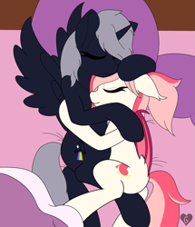 Size: 3311x3854 | Tagged: safe, artist:gnashie, oc, oc only, oc:blood moon, oc:quantum flash, alicorn, bat pony, pony, alicorn oc, bat pony oc, bed, blanket, colored, cuddling, eyes closed, flat colors, floppy ears, high res, hoof on head, horn, lying down, on side, pillow, sleeping, smiling, snuggling, wings