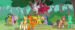 Size: 6800x2745 | Tagged: safe, artist:dragonchaser123, artist:small-brooke1998, hitch trailblazer, izzy moonbow, pipp petals, sunny starscout, zipp storm, alicorn, earth pony, pegasus, pony, unicorn, g5, my little pony: a new generation, bumblebee (transformers), crossover, hot rod, mlp fim's eleventh anniversary, moonracer, race swap, sunnycorn, sunstreaker, transformers, windblade