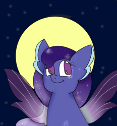 Size: 2357x2544 | Tagged: safe, artist:hopefuldragon, oc, oc only, seapony (g4), bubble, commission, ethereal mane, female, fin wings, fins, high res, moon, night, purple eyes, purple mane, purple wings, smiling, solo, spread wings, starry mane, stars, wings, ych result