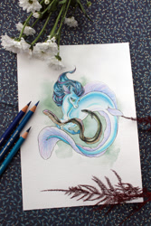 Size: 800x1200 | Tagged: safe, artist:shaiyeh, oc, oc only, eel, merpony, seapony (g4), blue mane, dorsal fin, female, fins, fish tail, flowing mane, flowing tail, green eyes, pencil, solo, swimming, tail, traditional art, underwater, watercolor painting