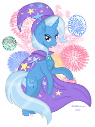 Size: 720x960 | Tagged: safe, artist:madlilon2051, trixie, pony, unicorn, g4, chest fluff, ear fluff, female, fireworks, grin, hat, mare, rearing, simple background, smiling, solo, transparent background