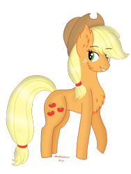 Size: 720x960 | Tagged: safe, artist:madlilon2051, applejack, earth pony, pony, g4, chest fluff, ear fluff, freckles, grin, hat, raised hoof, simple background, smiling, solo, transparent background