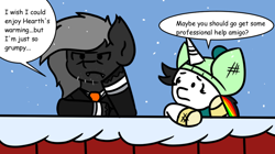 Size: 1024x572 | Tagged: safe, artist:tranzmuteproductions, oc, oc only, oc:lightning bliss, oc:tranzmute, alicorn, pony, clothes, dialogue, female, grumpy, hat, male, mare, necktie, outdoors, peanuts (comic), snow, stallion, style emulation, suit