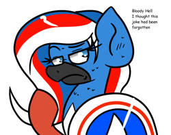 Size: 1000x788 | Tagged: safe, artist:tranzmuteproductions, oc, oc only, oc:obabscribbler, earth pony, pony, bust, captain america, clothes, cosplay, costume, female, frown, mare, marvel, shield, simple background, solo, talking, white background