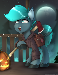 Size: 2894x3766 | Tagged: safe, artist:felixf, oc, oc only, oc:guttatus, bat pony, pony, axe, bat pony oc, clothes, commission, costume, halloween, halloween costume, high res, holiday, jack-o-lantern, lamp, mare in the moon, moon, nightmare night, open mouth, open smile, pumpkin, smiling, solo, trick or treat, weapon, ych result