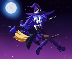 Size: 1600x1300 | Tagged: safe, artist:melliedraws, rarity, unicorn, anthro, g4, broom, clothes, costume, flying, flying broomstick, halloween, halloween costume, hat, heart nostrils, holiday, looking at you, moon, night, one eye closed, open mouth, open smile, smiling, solo, wink, winking at you, witch, witch costume, witch hat