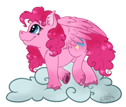 Size: 1092x935 | Tagged: safe, artist:milledpurple, pegasus, pony, cloud, ear fluff, eyelashes, female, g5 concept leaks, mare, on a cloud, pinkie pie (g5 concept leak), simple background, solo, underhoof, unshorn fetlocks, white background, wings