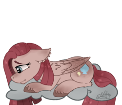 Size: 1092x935 | Tagged: safe, artist:milledpurple, pinkie pie, pegasus, pony, g4, cloud, ear fluff, eyelashes, female, g5 concept leaks, lying down, mare, on a cloud, pinkamena diane pie, pinkie pie (g5 concept leak), prone, sad, simple background, solo, unshorn fetlocks, white background, wings